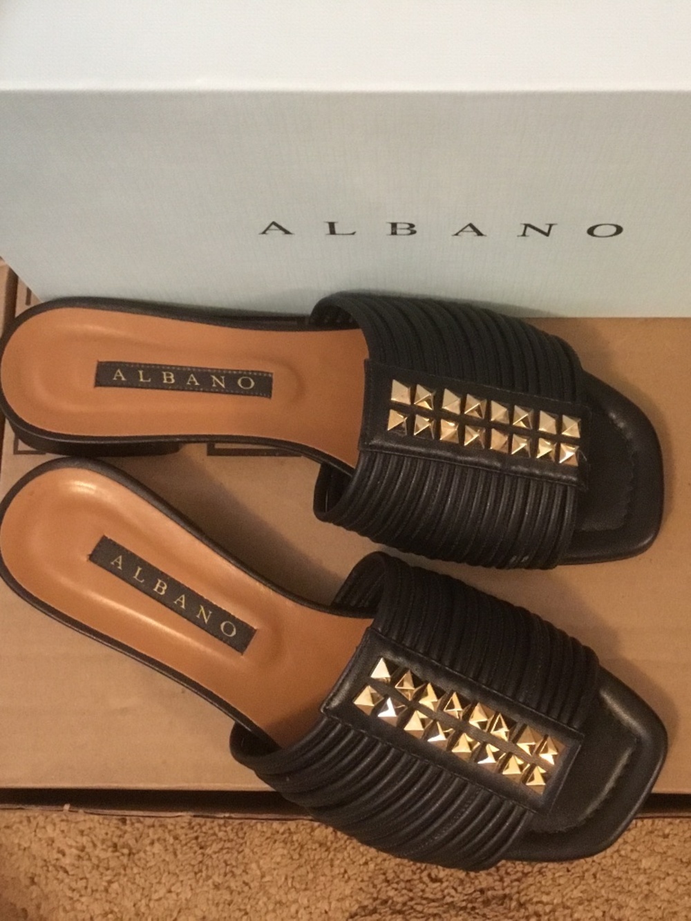 ALBANO (Vero Cuoio) Black Flat Sandals Size 9 (40) with Box Made in Italy - Picture 2 of 8